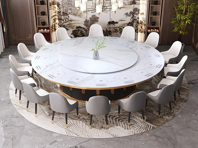Banquet Hall With Round Marble Dining Table White Chairs Decorative Wall Painting Carpet And Green Plant 3d model