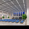 Modern Station Interior Design With Blue Seats White Pillars Metal Ceiling And Green Plants
