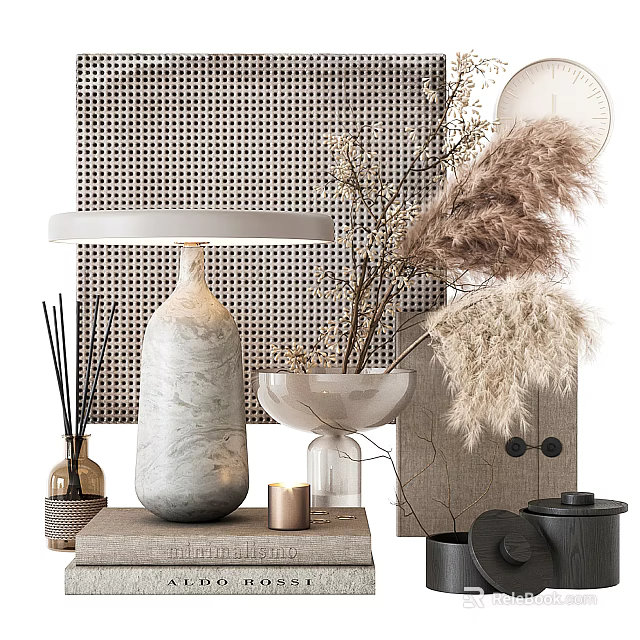 Elegant Decorative Ornament Set With Marble Vase Glass Vessel Dried Pampas Grass And Candle Diffuser 3d model 