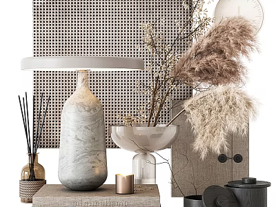 Elegant Decorative Ornament Set With Marble Vase Glass Vessel Dried Pampas Grass And Candle Diffuser 3d model
