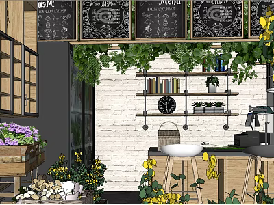 Cozy Café Interior With Blackboard Menus Green Plants And Wooden Furniture 3d model