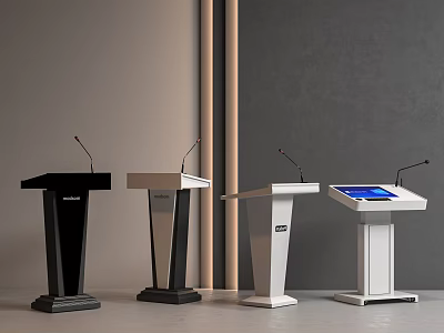 Modern Presentation Podiums With Microphones In Various Stylish Designs And Shapes 3d model