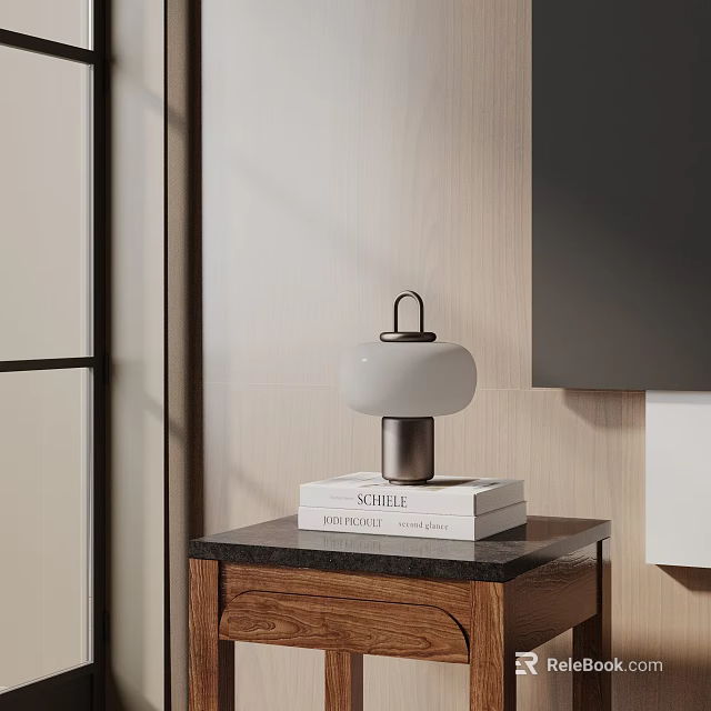 Minimalist Table Lamp On Wooden Side Table With Stack Of Books And Light-Colored Wall 3d model 
