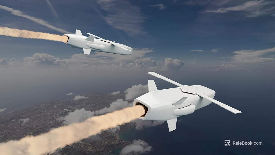 Two White Military Missiles Flying With Smoke Trails Over Cloudy Sky 3d model 