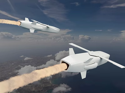 Two White Military Missiles Flying With Smoke Trails Over Cloudy Sky 3d model