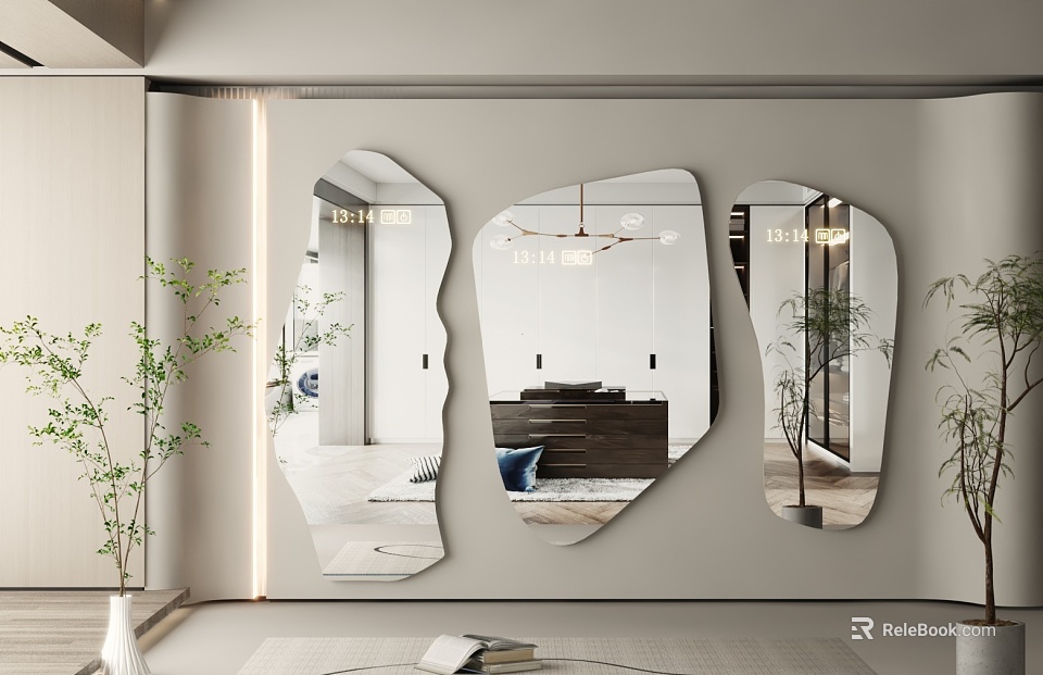 Irregular Shaped Decorative Mirrors For Modern Interior Wall Decor With Plant Reflections And Lighting 3d model 