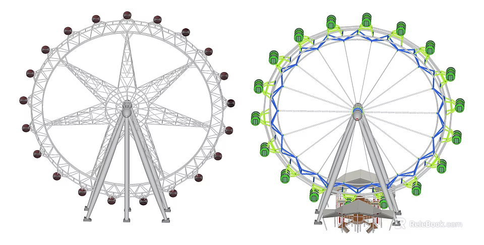 Amusement Park Ferris Wheel With Colorful Green Blue Accents And Base Pavilion Structure 3d model 