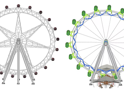Amusement Park Ferris Wheel With Colorful Green Blue Accents And Base Pavilion Structure 3d model