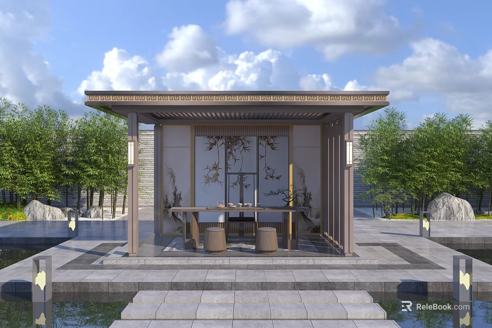 Chinese Style Landscape Pavilion Design With Waterfront Trees Table And Stools 3d model 