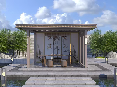 Chinese Style Landscape Pavilion Design With Waterfront Trees Table And Stools 3d model