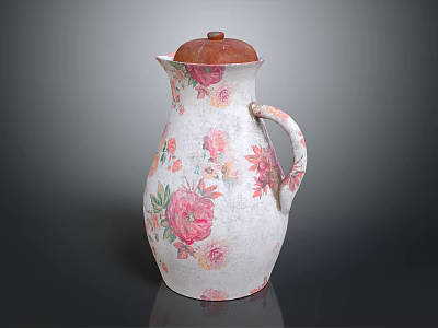 Ceramic Pitcher With White Base And Pink Floral Pattern And Brown Lid 3d model