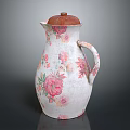 Ceramic Pitcher With White Base And Pink Floral Pattern And Brown Lid 3d model