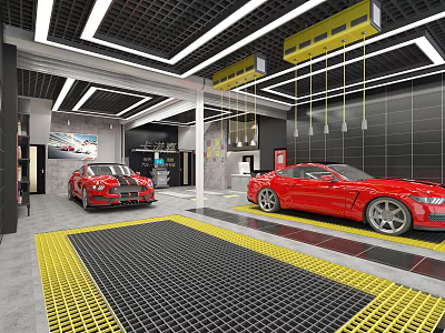 Car Dealership Showroom With Red Sports Cars Yellow Grid Floor And Modern Lighting 3d model