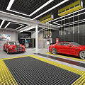 Car Dealership Showroom With Red Sports Cars Yellow Grid Floor And Modern Lighting