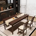 Wooden Dining Table With Chairs Table Runner Vase Fruits And Wine Glasses