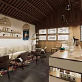 Cozy Cafe Interior With Wooden Ceiling Bar Counter High Stools And White Chairs