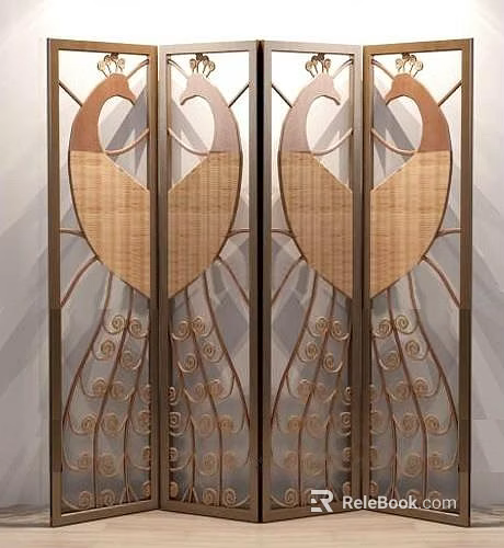 Elegant Decorative Screen With Metal Frame Peacock Feather Motifs And Scroll Patterns 3d model