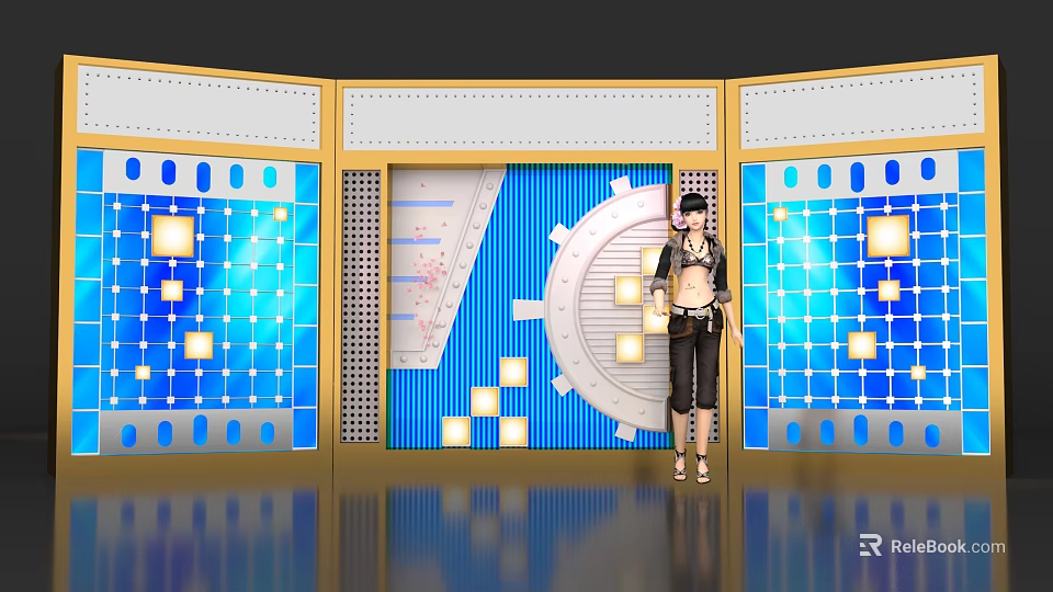 Anime Character In Stylish Outfit Standing By Blue White Geometric Display With Dashboard Design 3d model 