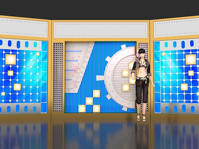 Anime Character In Stylish Outfit Standing By Blue White Geometric Display With Dashboard Design 3d model