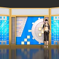 Anime Character In Stylish Outfit Standing By Blue White Geometric Display With Dashboard Design