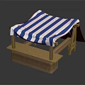 Blue And White Striped Canopy Tent With Wooden Frame And Stable Base Structure