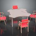Modern Table and Chair Set with White Irregular Table Red Padded Chairs Wooden Legs