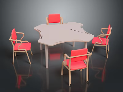 Modern Table and Chair Set with White Irregular Table Red Padded Chairs Wooden Legs 3d model