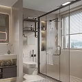 Elegant Modern Bathroom Interior Design With Backlit Mirror Glass Shower And Vanity Shelves