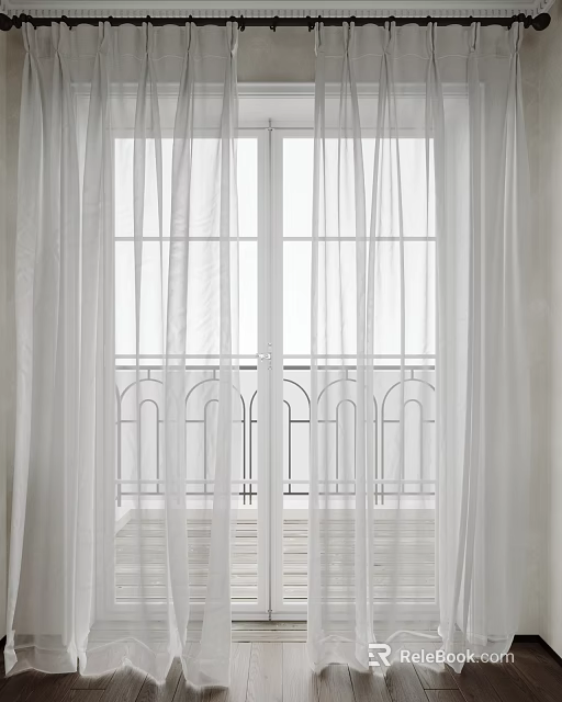 Sheer White Curtains For Bright Interior With French Doors And Arched Balcony Railing 3d model 
