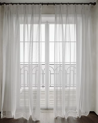 Sheer White Curtains For Bright Interior With French Doors And Arched Balcony Railing 3d model
