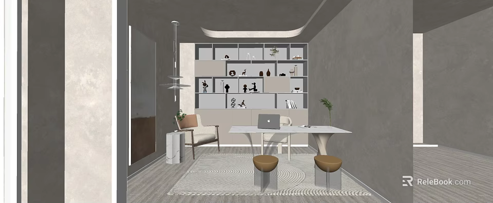 Minimalist Modern Office Interior with Shelves Desk Chairs Laptop and Green Plants 3d model 