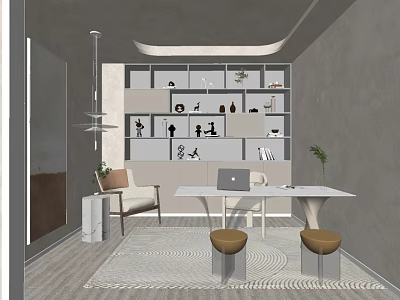 Minimalist Modern Office Interior with Shelves Desk Chairs Laptop and Green Plants 3d model