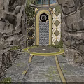 Rocky Architectural Entrance With Circular Door Diamond Decorations Stone Pathway Green Plants And Circular Top