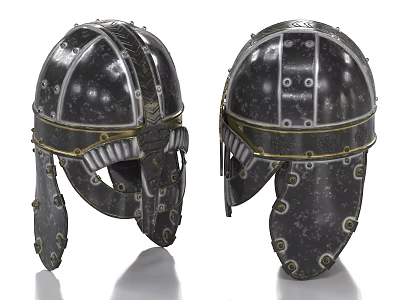 Two Metal Medieval Helmets With Decorative Rivets Textured Surface And Gold Trim 3d model