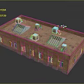 Building Model with Brick Exterior and Roof Mounted Blue Equipment and Solar Panels