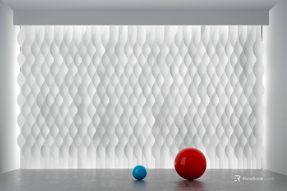White 3D Wavy Background Wall In Interior With Decorative Balls 3d model 