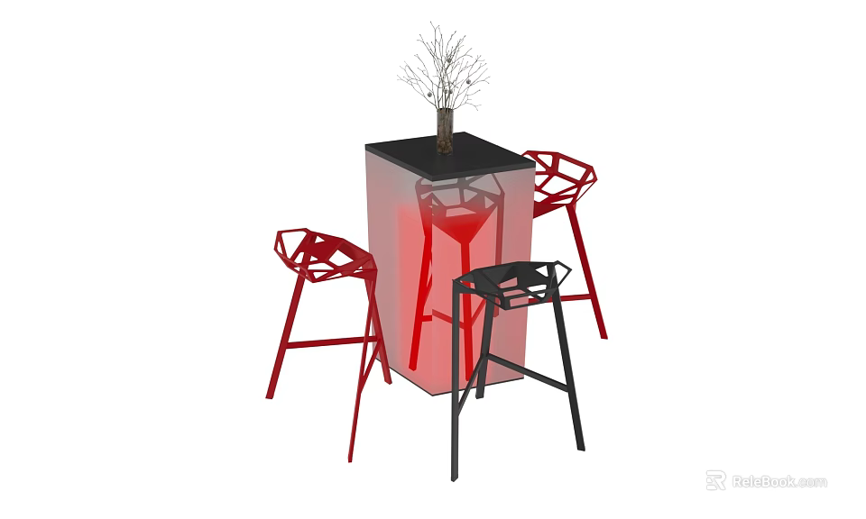 Transparent Red Bar Counter with Geometric Stools and Decorative Branch 3d model 