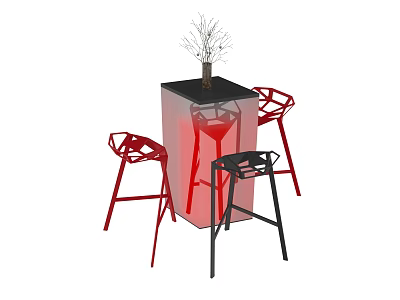 Transparent Red Bar Counter with Geometric Stools and Decorative Branch 3d model