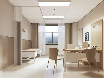 Modern Hospital Outpatient Clinic Interior With Consultation Table Chairs Window And Curtains 3d model