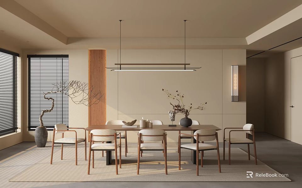 Modern Restaurant Interior With Wooden Dining Table Chairs Hanging Light Wall Decor And Plant 3d model 