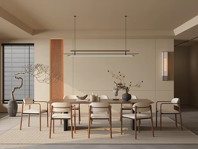 Modern Restaurant Interior With Wooden Dining Table Chairs Hanging Light Wall Decor And Plant 3d model