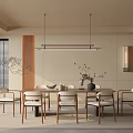 Modern Restaurant Interior With Wooden Dining Table Chairs Hanging Light Wall Decor And Plant