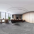 Modern Office Interior Design With Large Windows Wooden Cabinets Black Leather Sofas And Green Plants
