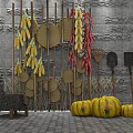Rustic Building Exterior Wall Decorated With Corn Chilies Farm Tools And Pumpkins 3d model