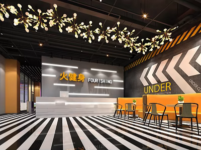 Stylish Fitness Gym Interior Design With Reception Desk And Chandeliers 3d model