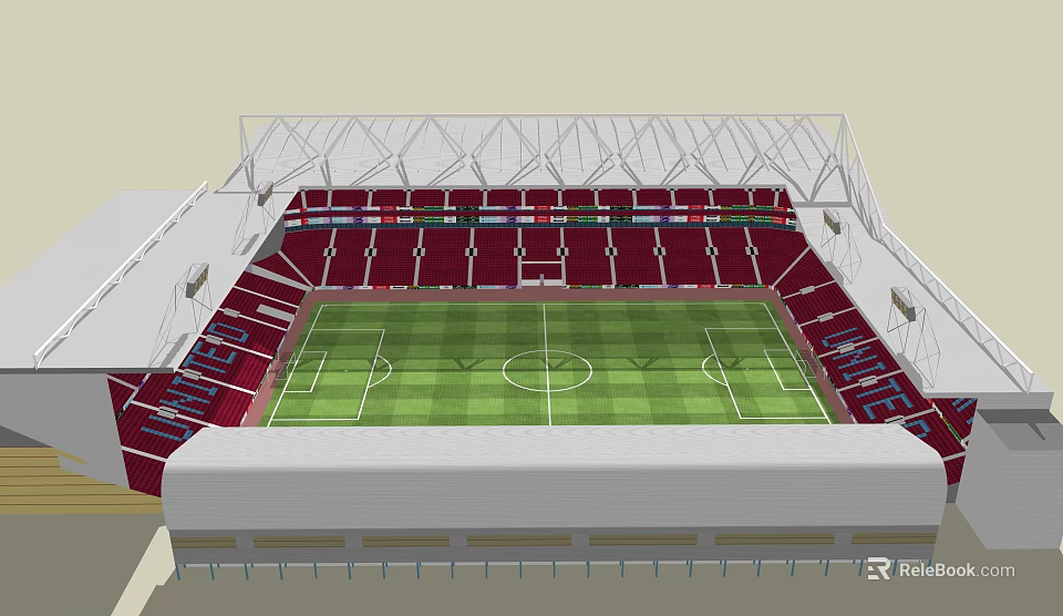 Football Stadium 3D Model With Red Seats Green Pitch And White Roof Structure 3d model 