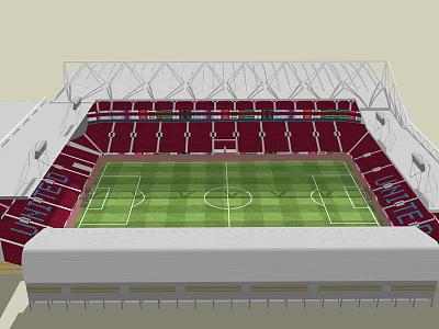 Football Stadium 3D Model With Red Seats Green Pitch And White Roof Structure 3d model