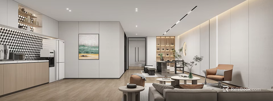 Modern Office Interior Design With Sofa Coffee Tables Decorative Painting Bookshelf And Plants 3d model 