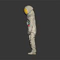 Human Astronaut In White Spacesuit With Gold Helmet And Colorful Buttons Against Gray Gradient Background