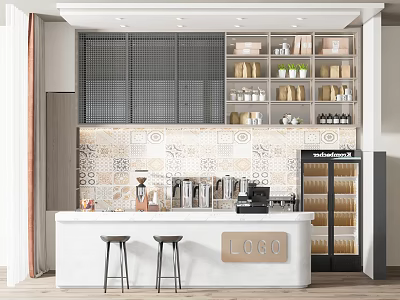 Modern Bar Counter With Stools Tile Backsplash Storage Shelves And Coffee Machine 3d model